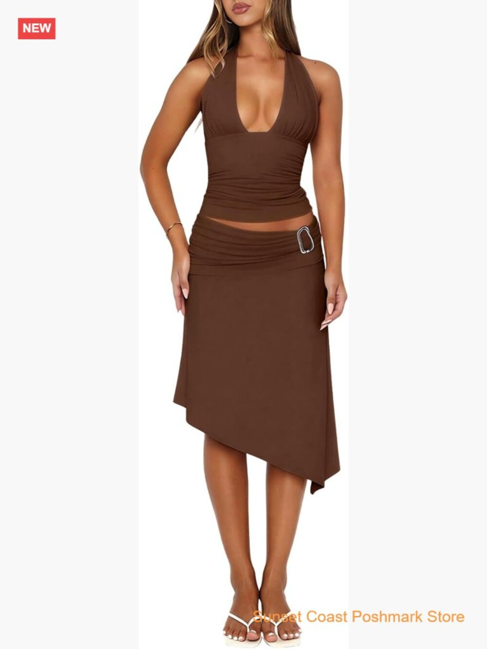 Deep V Neck Halter Top Asymmetrical Midi Skirt Set 2 Piece Outfits